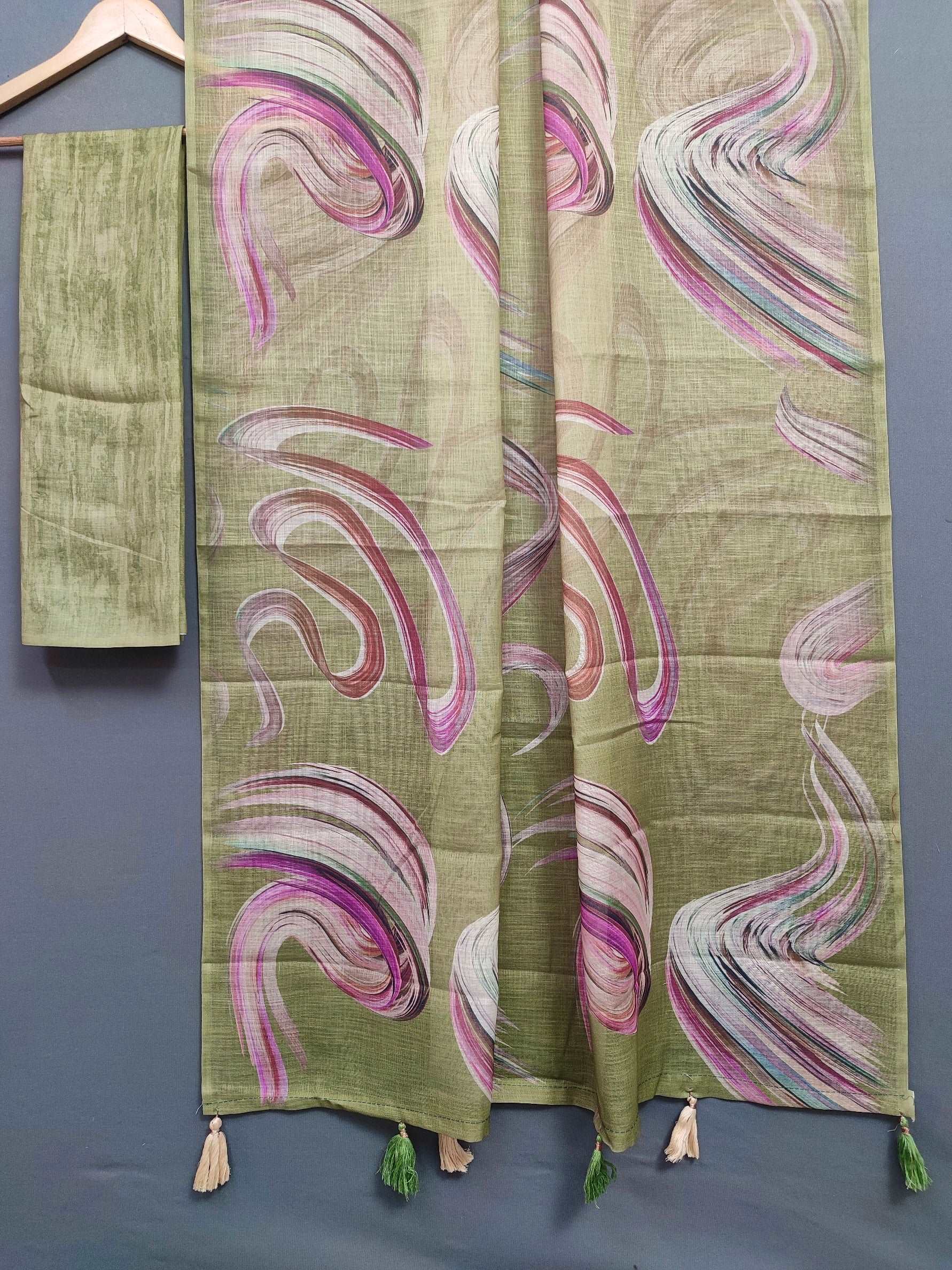 Crazy Cloud Green Abstract Linen Saree