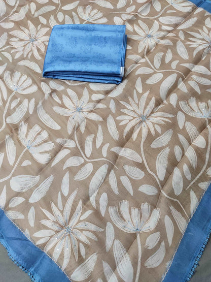 Brown with Silhouette Floral Organza Pure Hand work Saree