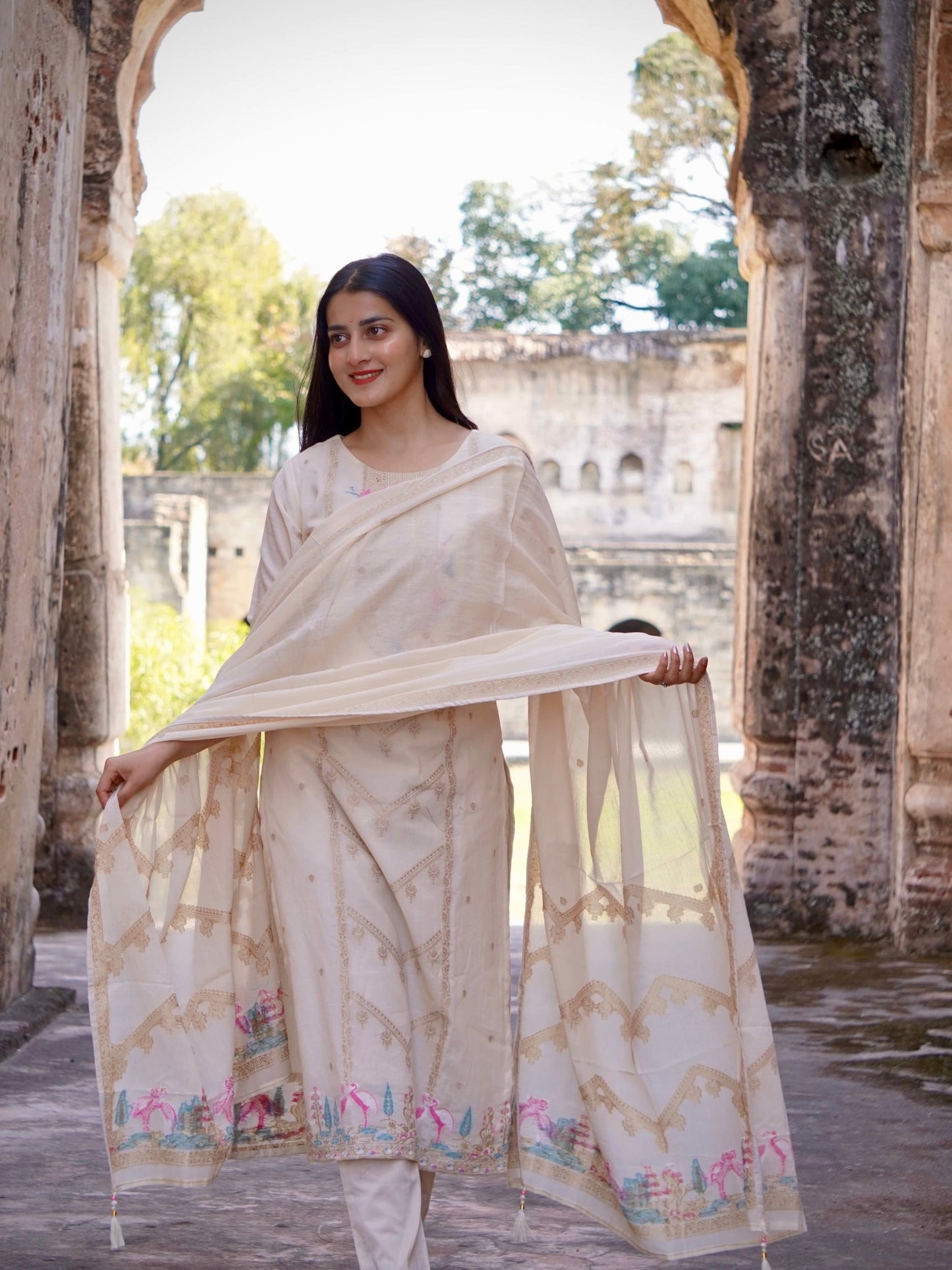 Beige Delicacy Ready to Wear Pure Cotton Kurti Set