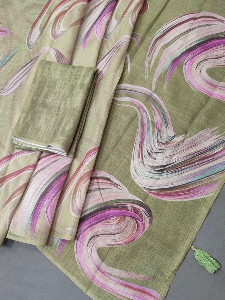 Crazy Cloud Green Abstract Linen Saree
