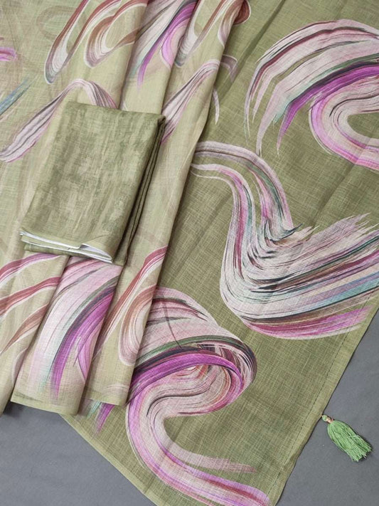 Crazy Cloud Green Abstract Linen Saree