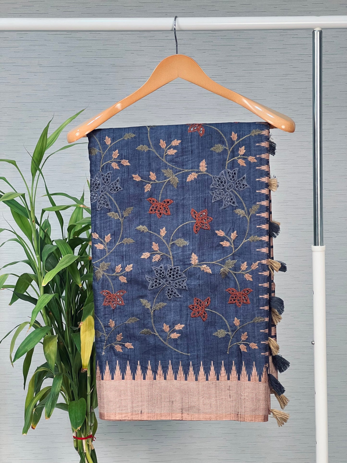 Traditional Navy Blue Embroidered Tussar Saree Geetha Creation