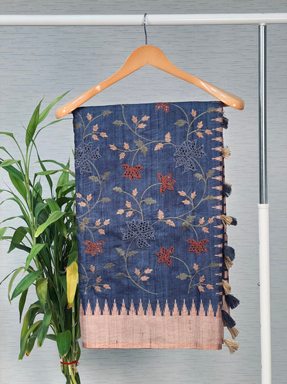 Traditional Navy Blue Embroidered Tussar Saree Geetha Creation