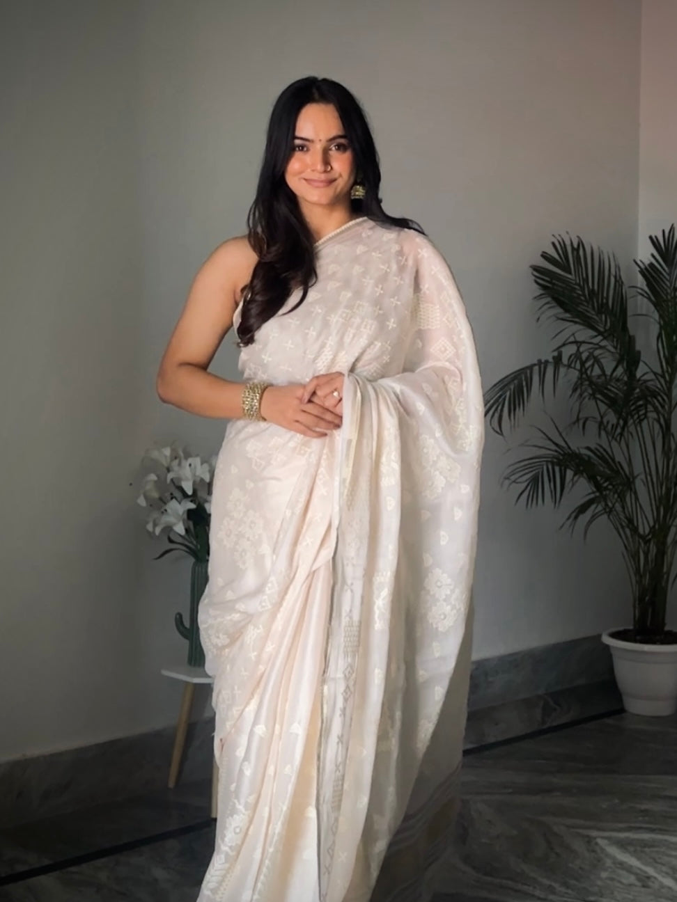 Vanilla Soft Satin Saree with Fusion Embroidery CSE Geetha Creation