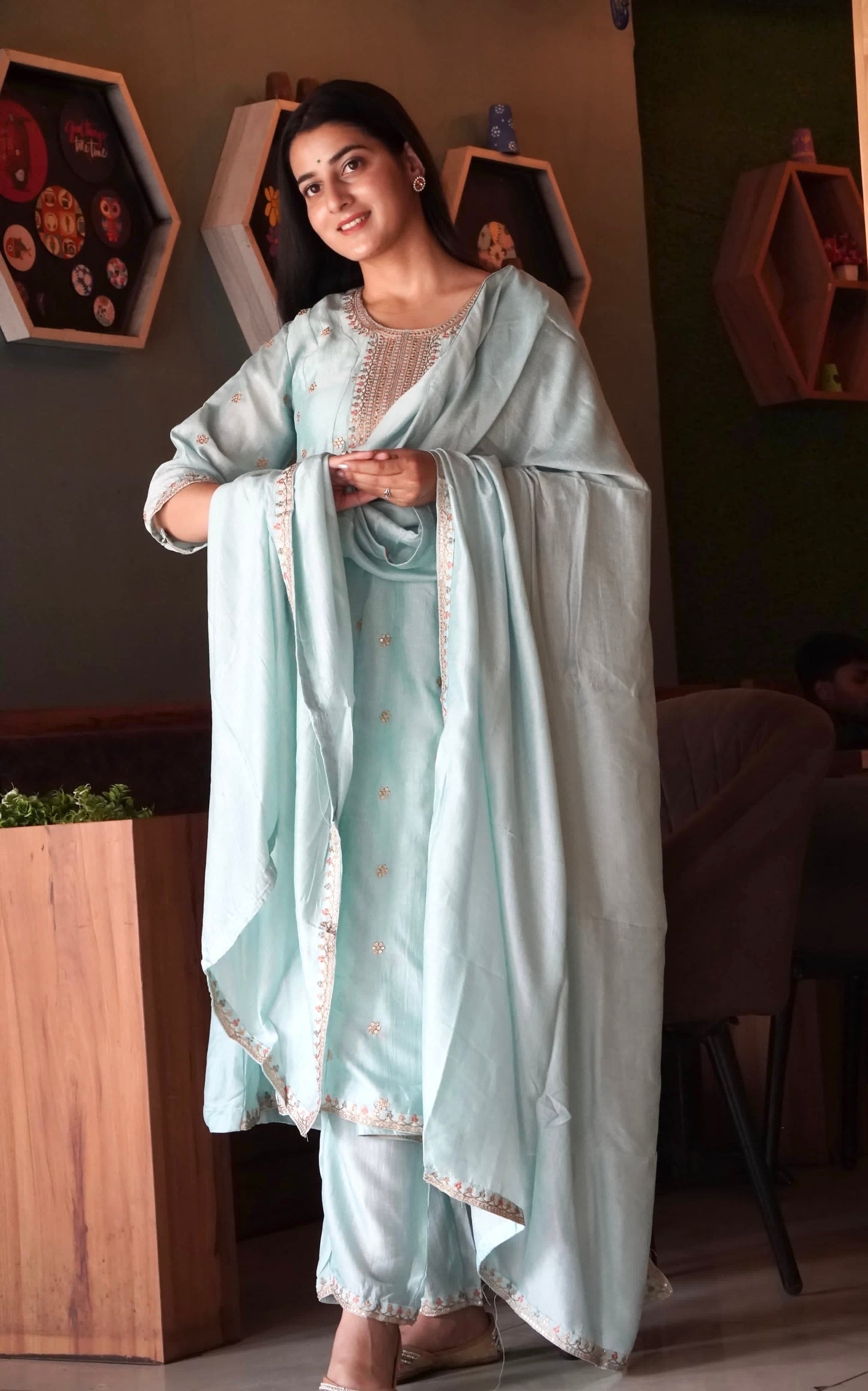 Milky Blue Maharani Soft Silk Anarkali Dress Geetha Creation
