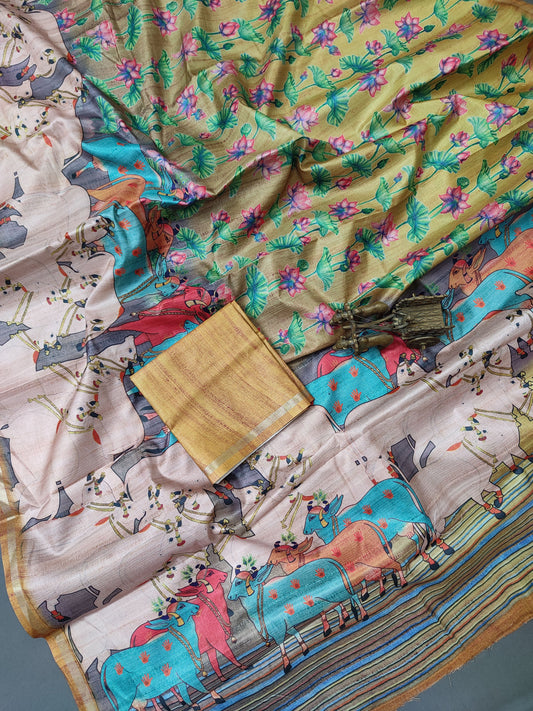 Mustard Cow Tales Fine Border Tussar Saree FBS2 Geetha Creation