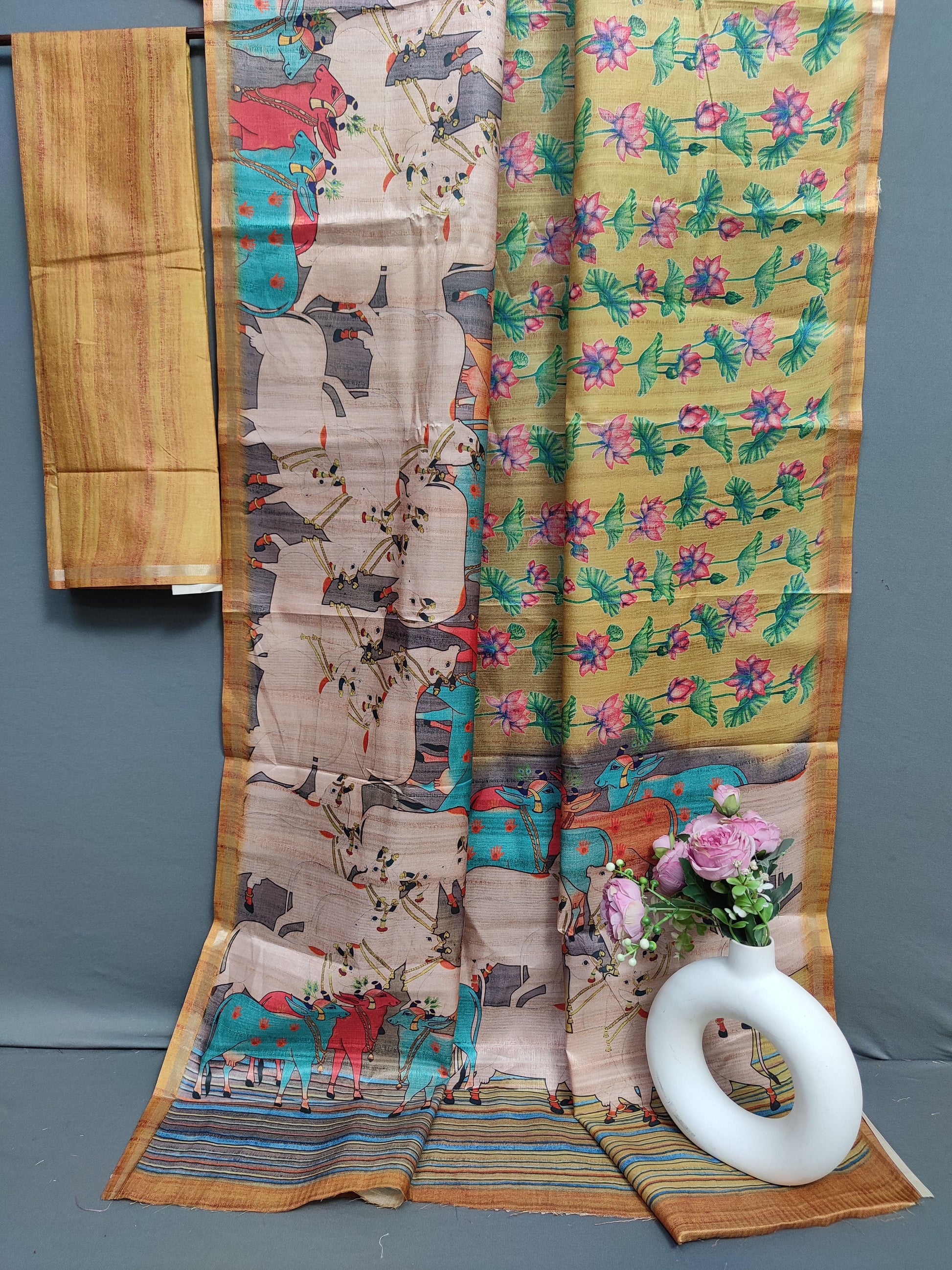 Mustard Cow Tales Fine Border Tussar Saree FBS2 Geetha Creation
