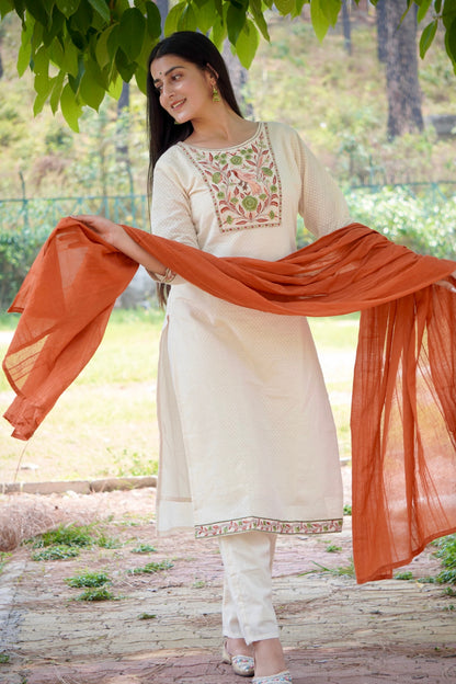 Dreamy Soft Orange and Cream Pure Cotton Kurti Set Geetha Creation