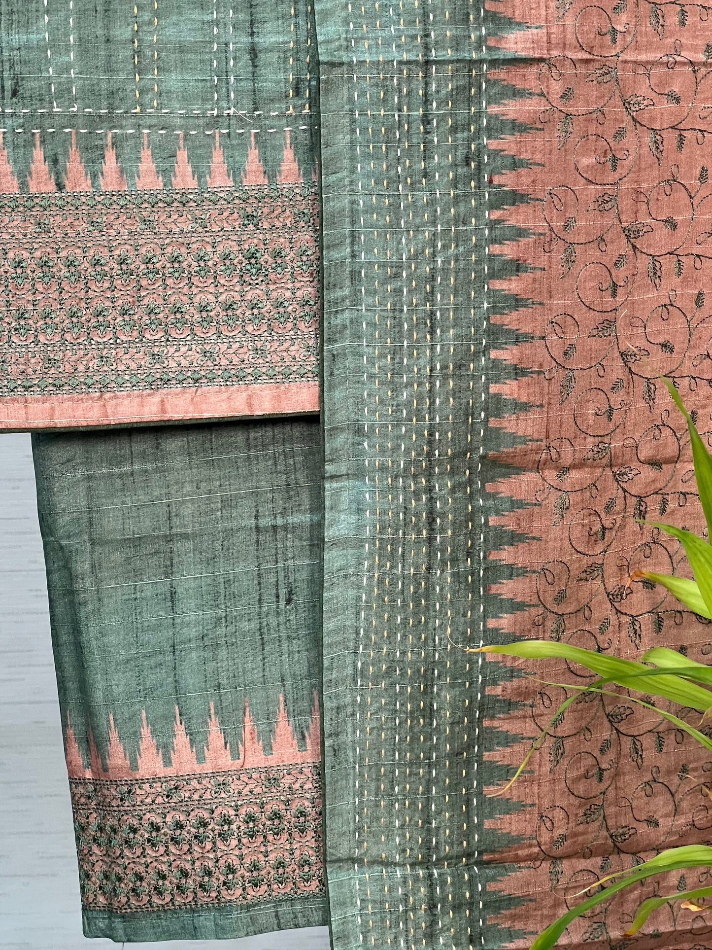 Gorgeous Pink and Chikoo Embroidery with Kantha Unstitched Salwar Set Geetha Creation