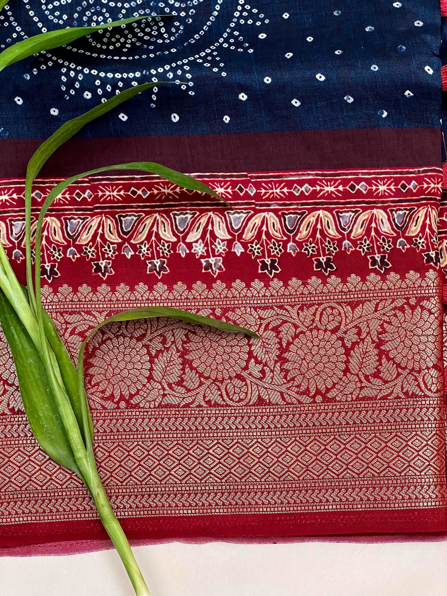Blue Bandhani Buttery Soft Silk with Contrast Red Jacquard Border Saree Geetha Creation