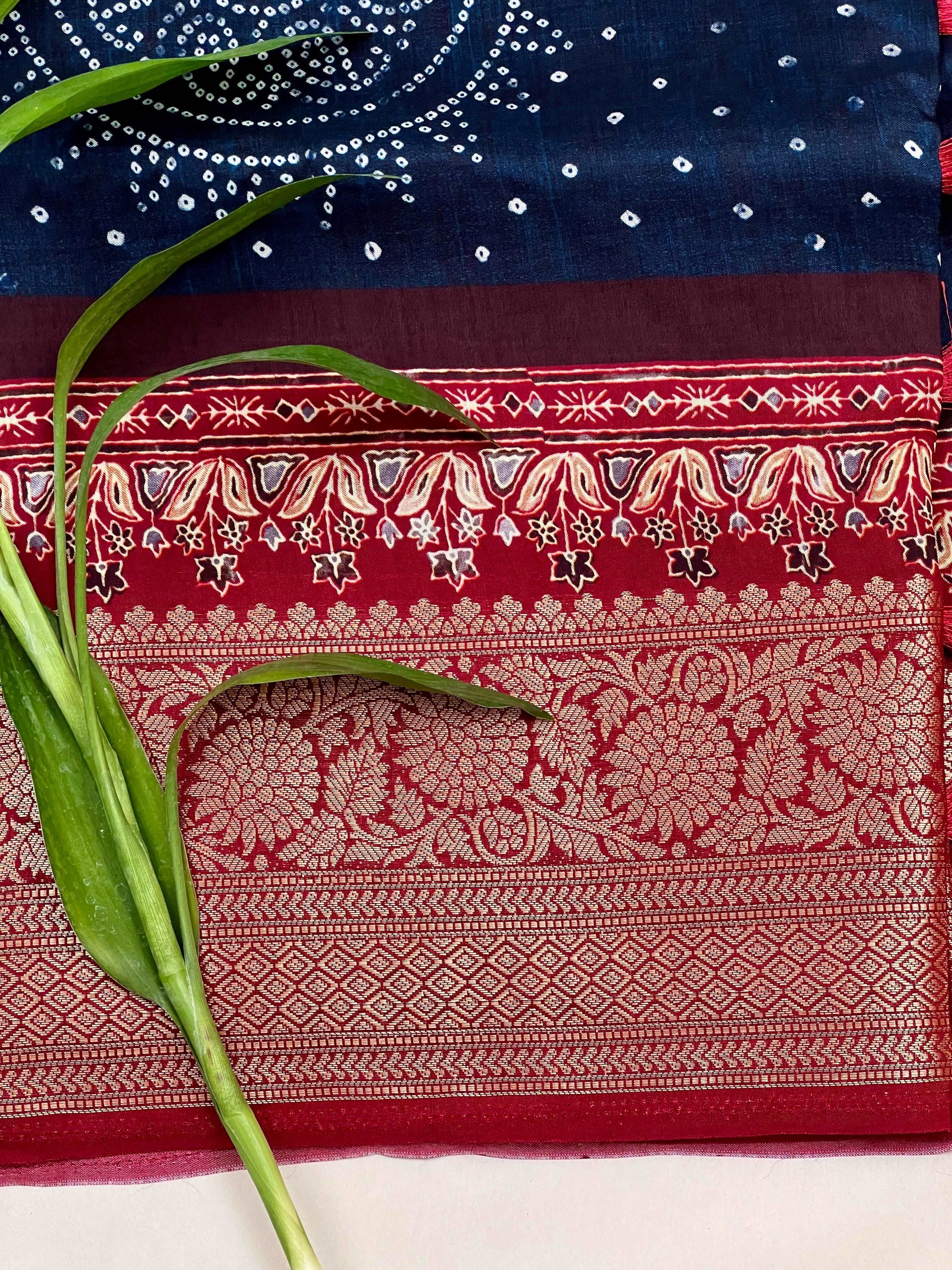 Blue Bandhani Buttery Soft Silk with Contrast Red Jacquard Border Saree Geetha Creation