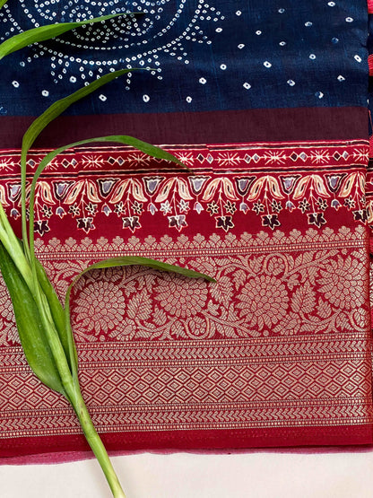 Blue Bandhani Buttery Soft Silk with Contrast Red Jacquard Border Saree Geetha Creation