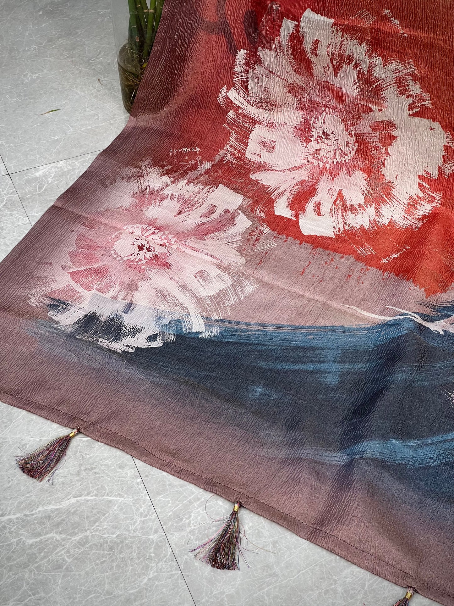 Pastel Art Piece Brown Canvas in Tussar Tissue Crushed Saree Geetha Creation