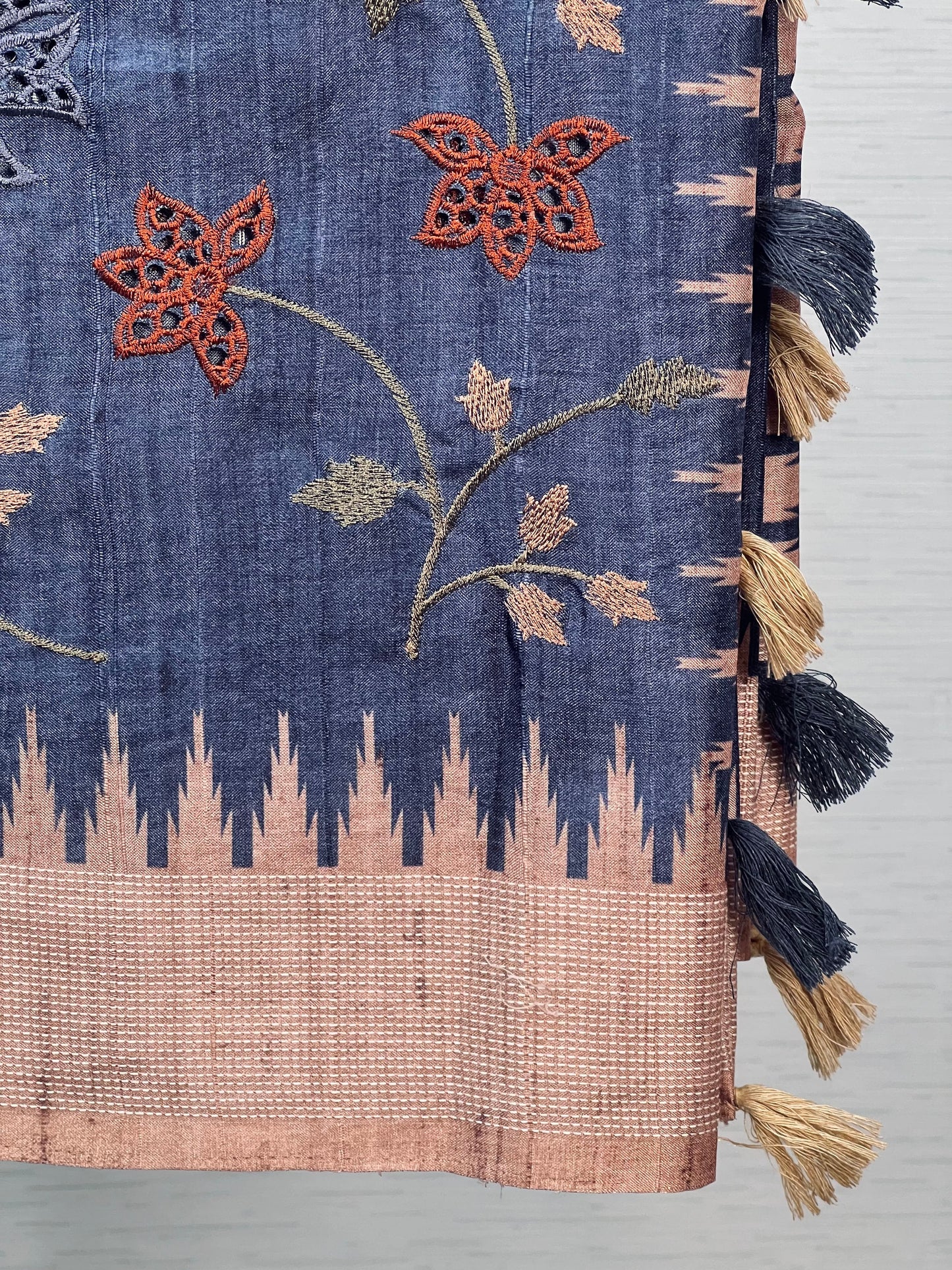 Traditional Navy Blue Embroidered Tussar Saree Geetha Creation