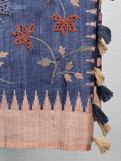 Traditional Navy Blue Embroidered Tussar Saree Geetha Creation