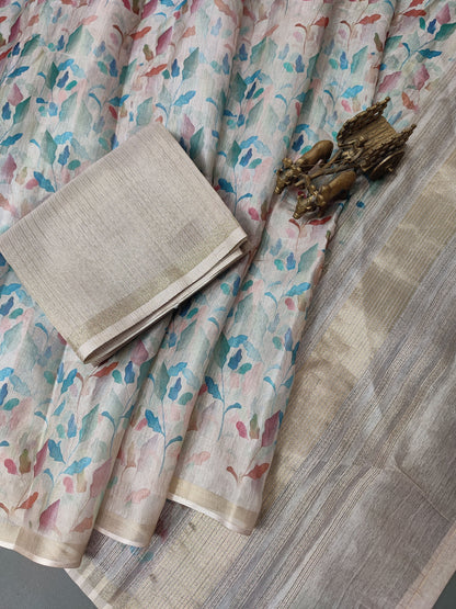 Warm Cream Wildflower Radiant Satin Saree CSB1 Geetha Creation