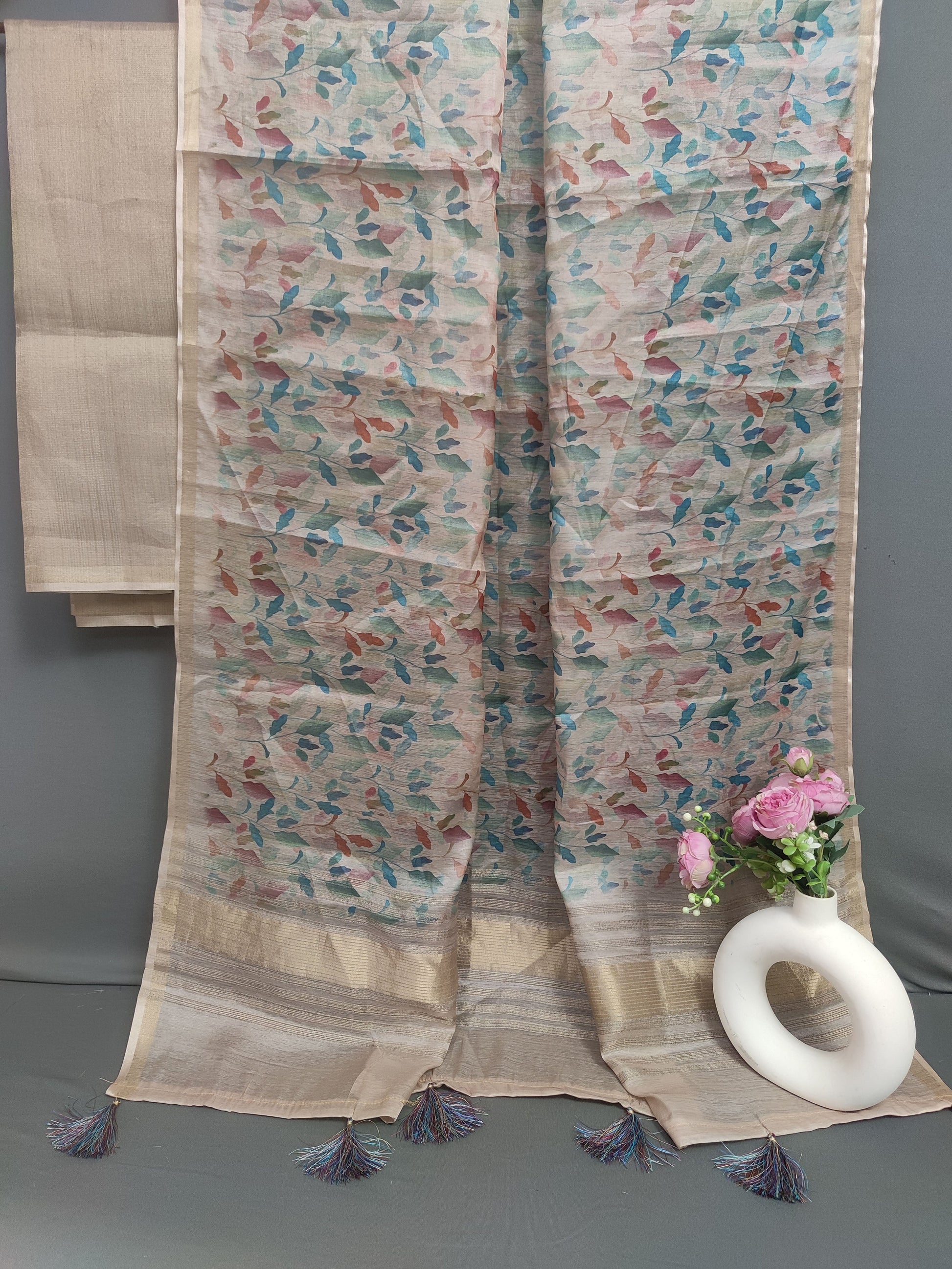 Warm Cream Wildflower Radiant Satin Saree CSB1 Geetha Creation
