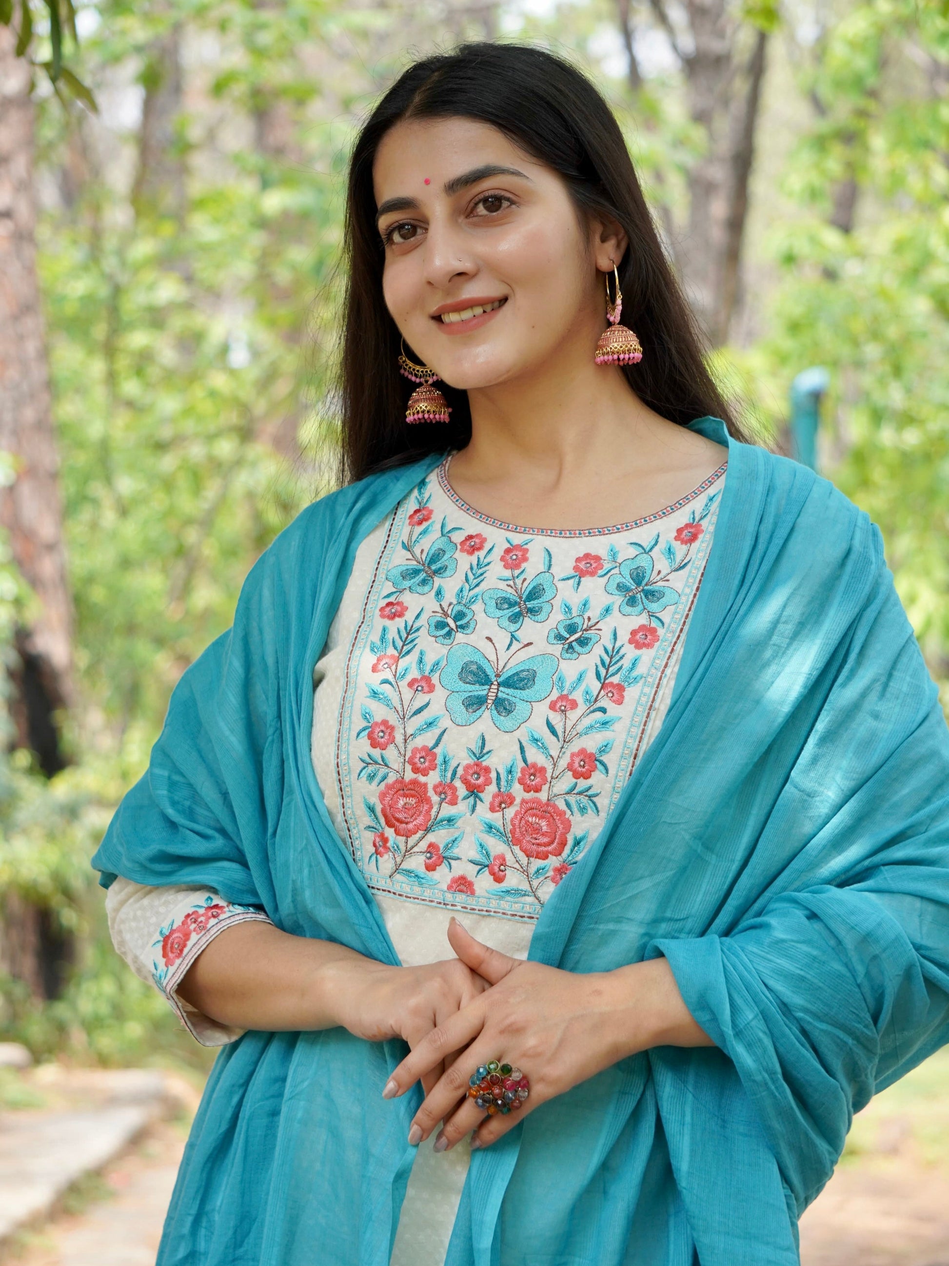 Dreamy Soft Teal and Cream Pure Cotton Kurti Set Geetha Creation