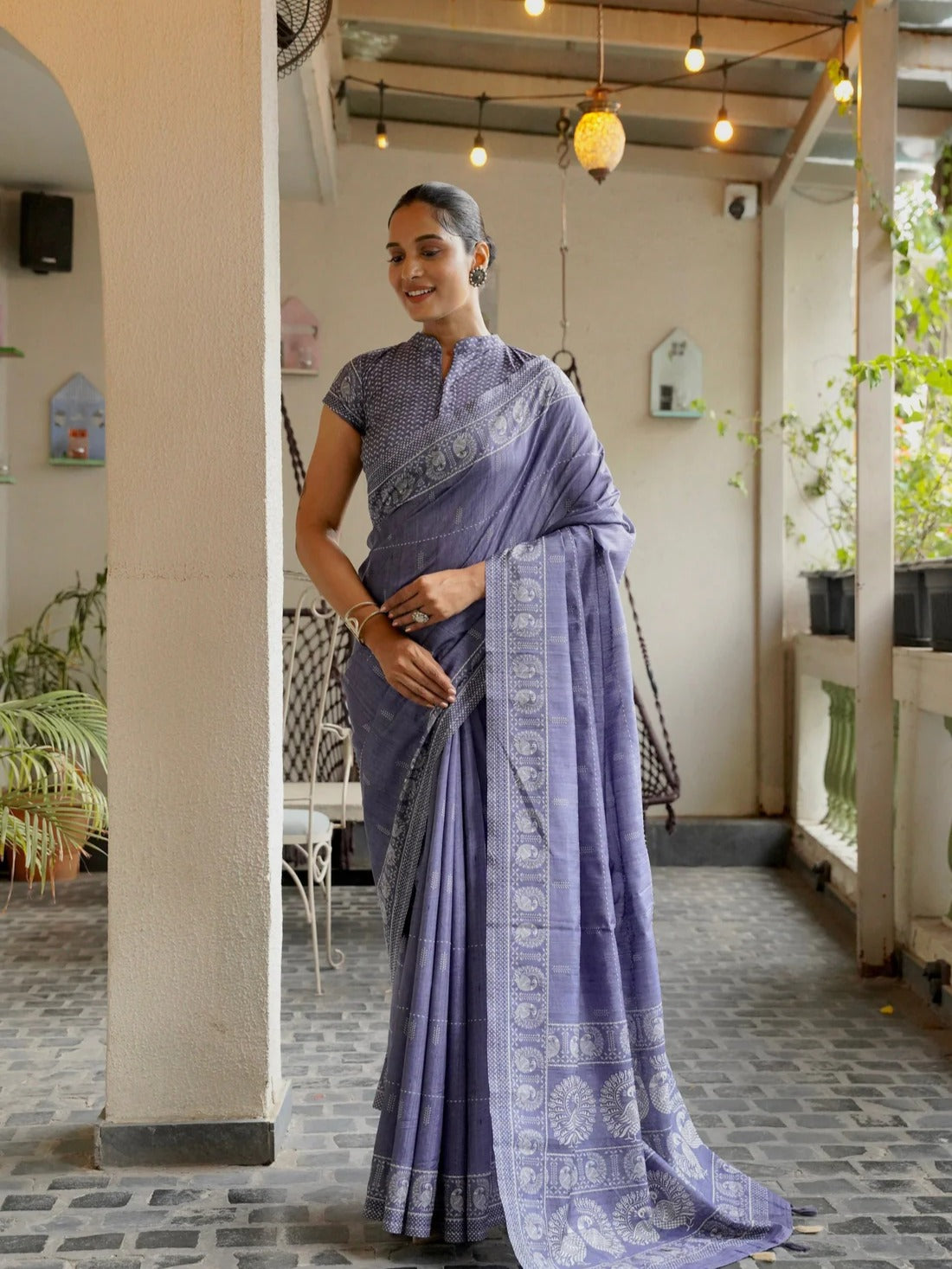 Noor-E-Neel Neel Kantha Embroidered Semi Tussar Saree