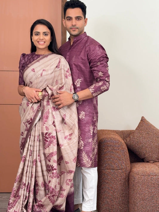 Leafy Wine Unstitched Couple Set