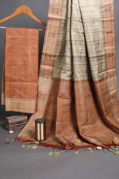 Chikoo Orange With Stylish Border Chapa Handloom Tussar Saree C1 Geetha Creation