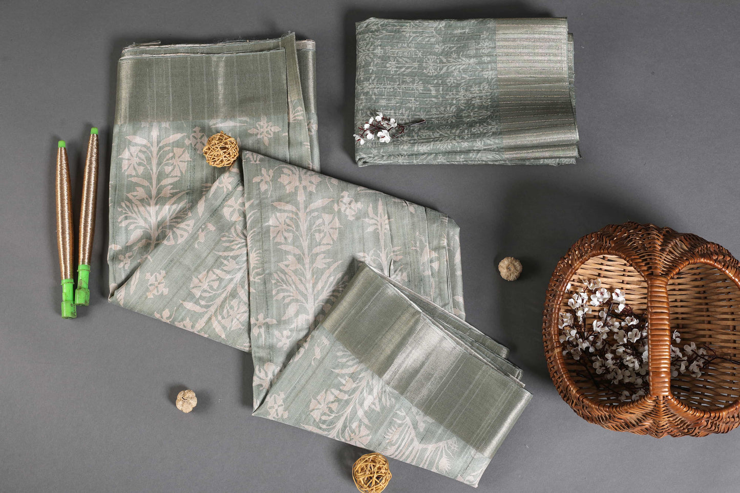 Hazy Green Nature Chapa Handloom Tussar Saree C1 Geetha Creation