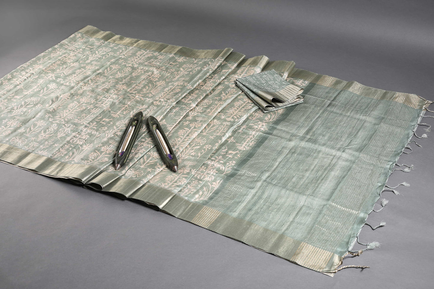 Hazy Green Nature Chapa Handloom Tussar Saree C1 Geetha Creation