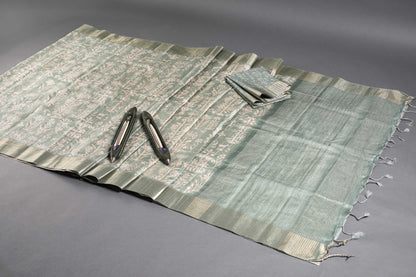 Hazy Green Nature Chapa Handloom Tussar Saree C1 Geetha Creation