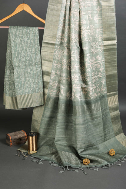 Hazy Green Nature Chapa Handloom Tussar Saree C1 Geetha Creation