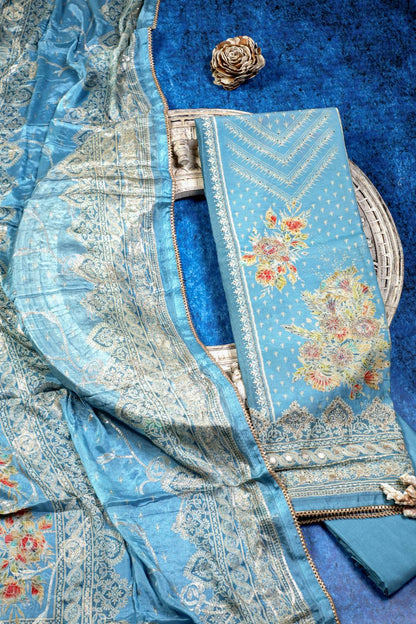 Rich Embroidered Pure Viscose Powder Blue Unstitched Suit Set Geetha Creation