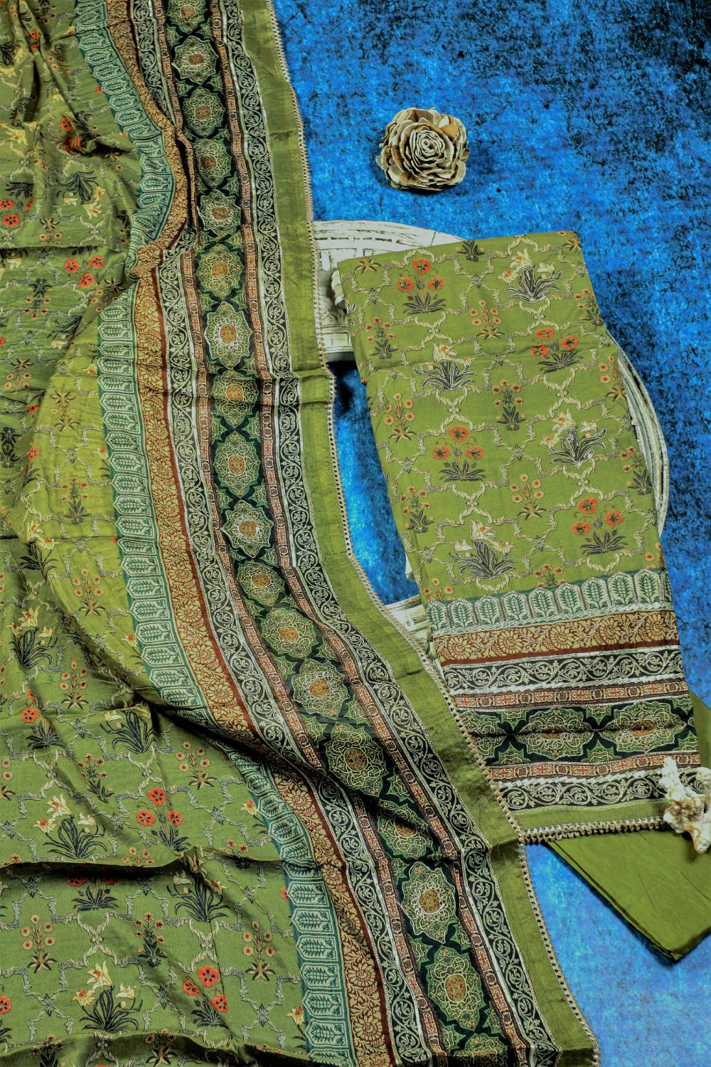 Rich Embroidered Pure Viscose Khaki Green Unstitched Suit Set Geetha Creation