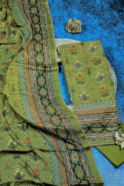 Rich Embroidered Pure Viscose Khaki Green Unstitched Suit Set Geetha Creation