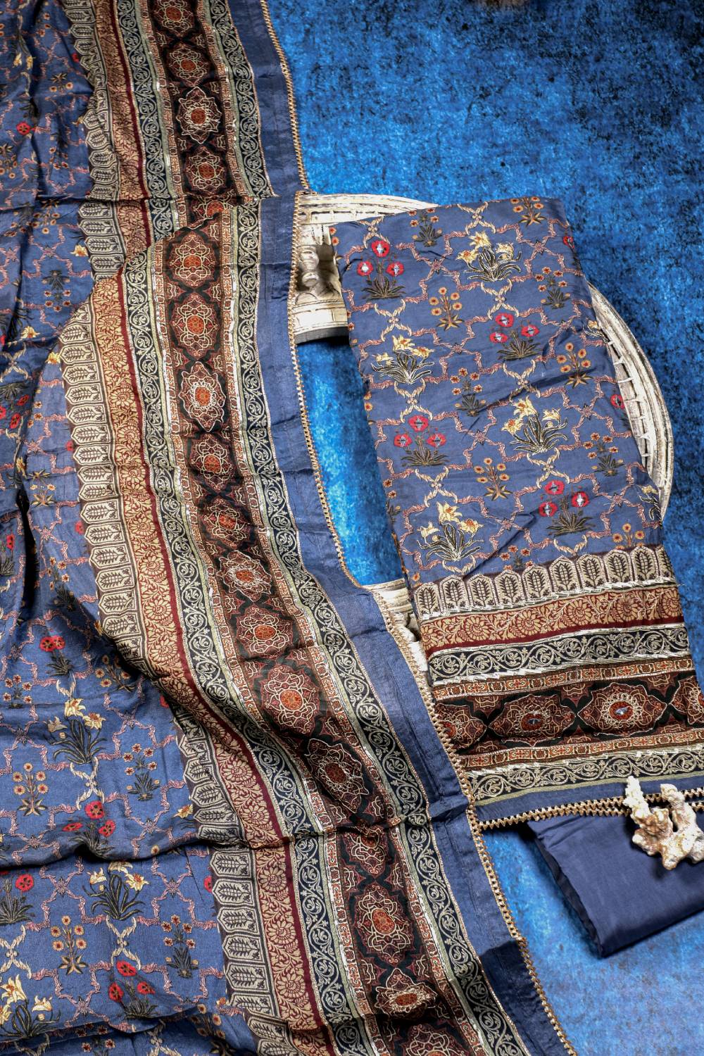 Rich Embroidered Pure Viscose Metallic Blue Unstitched Suit Set Geetha Creation
