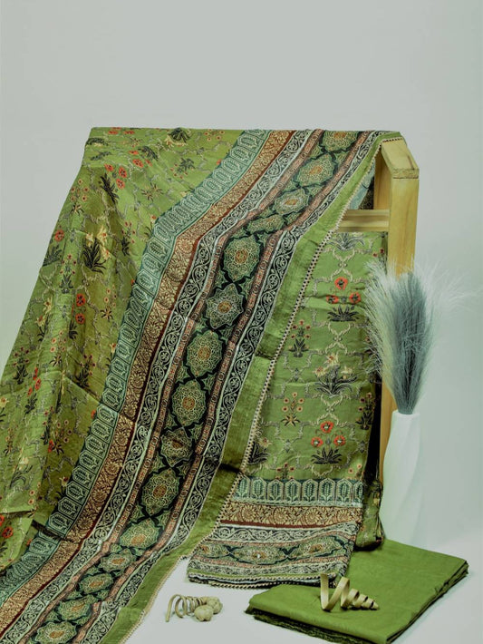 Rich Embroidered Pure Viscose Khaki Green Unstitched Suit Set
