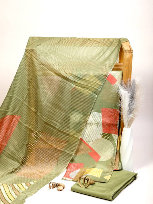 Geometric Pure Viscose Elegant Olive Unstitched Suit Set