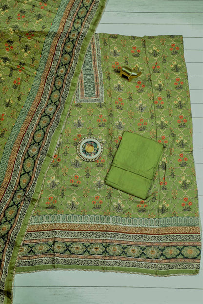 Rich Embroidered Pure Viscose Khaki Green Unstitched Suit Set Geetha Creation