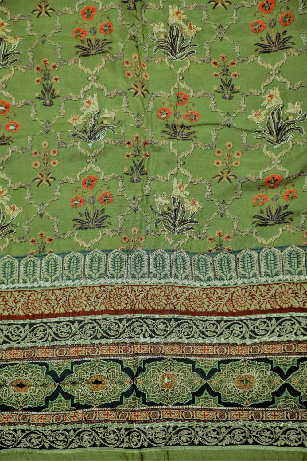 Rich Embroidered Pure Viscose Khaki Green Unstitched Suit Set Geetha Creation