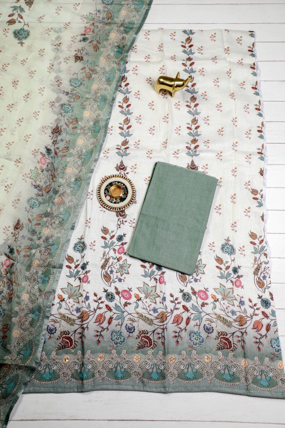 Purely Linen Rich Embroidered Light Grey Unstitched Suit Set Geetha Creation