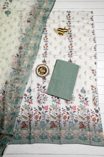 Purely Linen Rich Embroidered Light Grey Unstitched Suit Set Geetha Creation