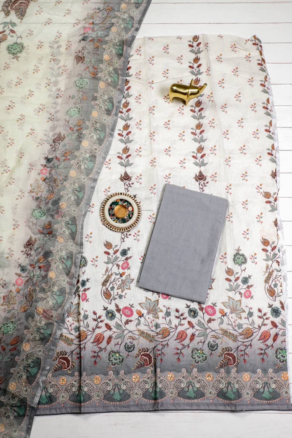 Purely Linen Rich Embroidered Cloudy Grey Unstitched Suit Set Geetha Creation