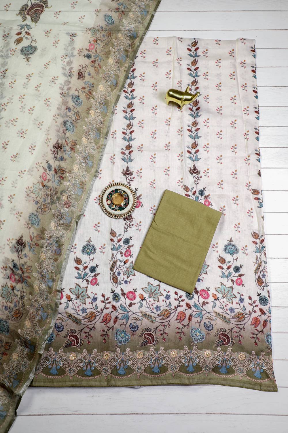 Purely Linen Rich Embroidered Thistle Green Unstitched Suit Set Geetha Creation
