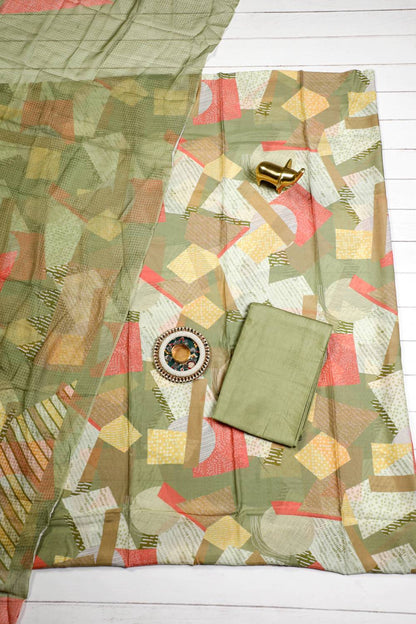 Geometric Pure Viscose Elegant Olive Unstitched Suit Set Geetha Creation