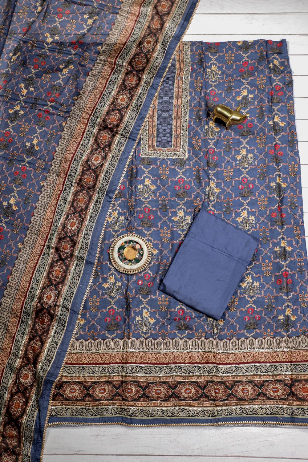 Rich Embroidered Pure Viscose Metallic Blue Unstitched Suit Set Geetha Creation