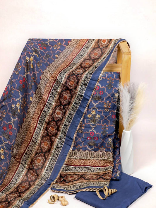 Rich Embroidered Pure Viscose Metallic Blue Unstitched Suit Set