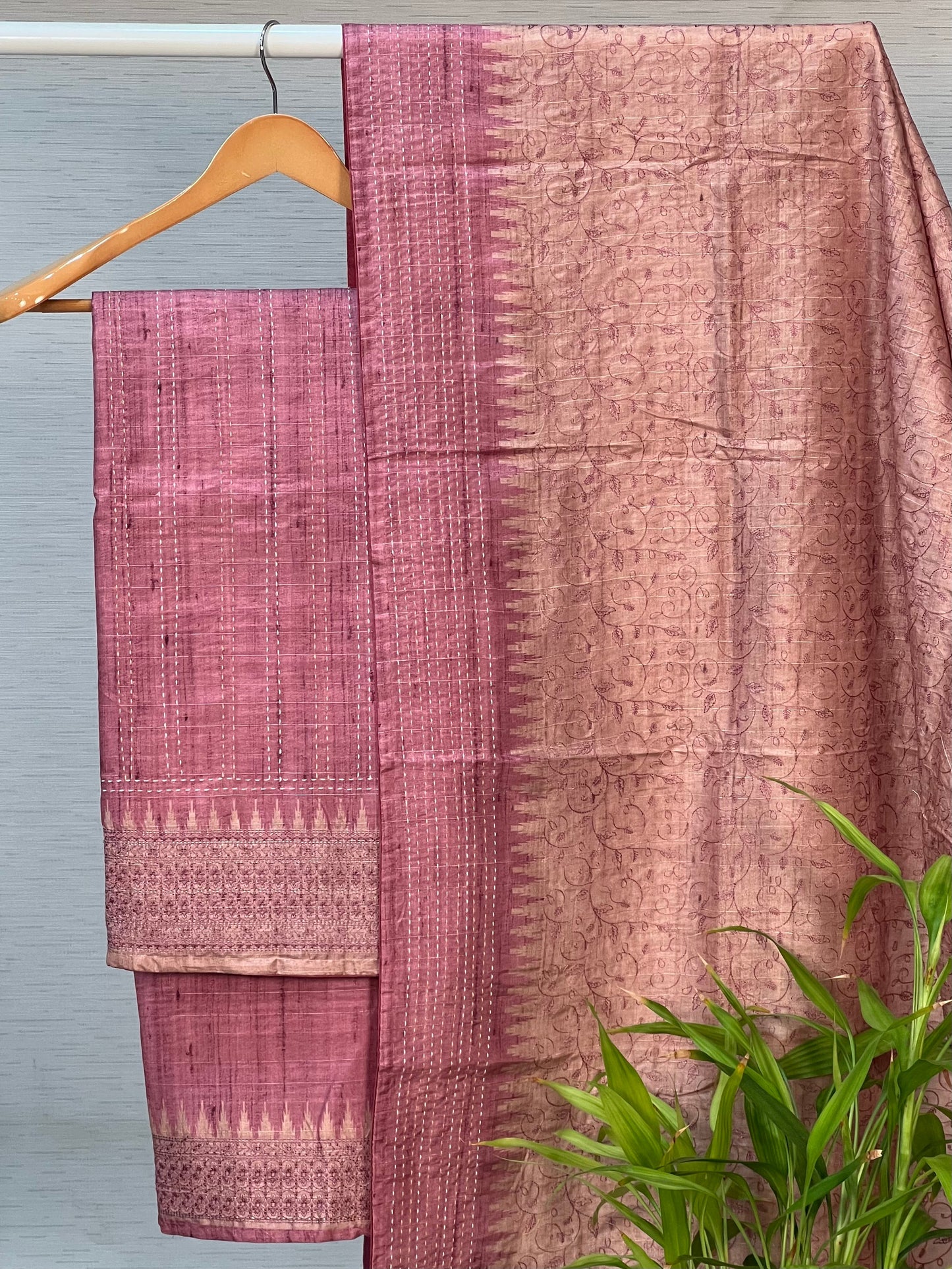 Gorgeous Pink and Chikoo Embroidery with Kantha Unstitched Salwar Set Geetha Creation