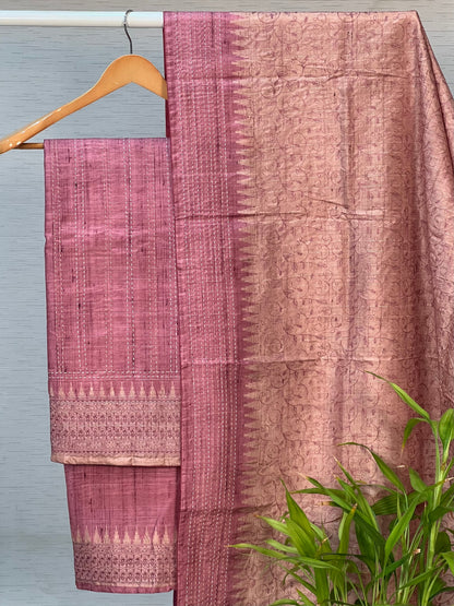 Gorgeous Pink and Chikoo Embroidery with Kantha Unstitched Salwar Set Geetha Creation