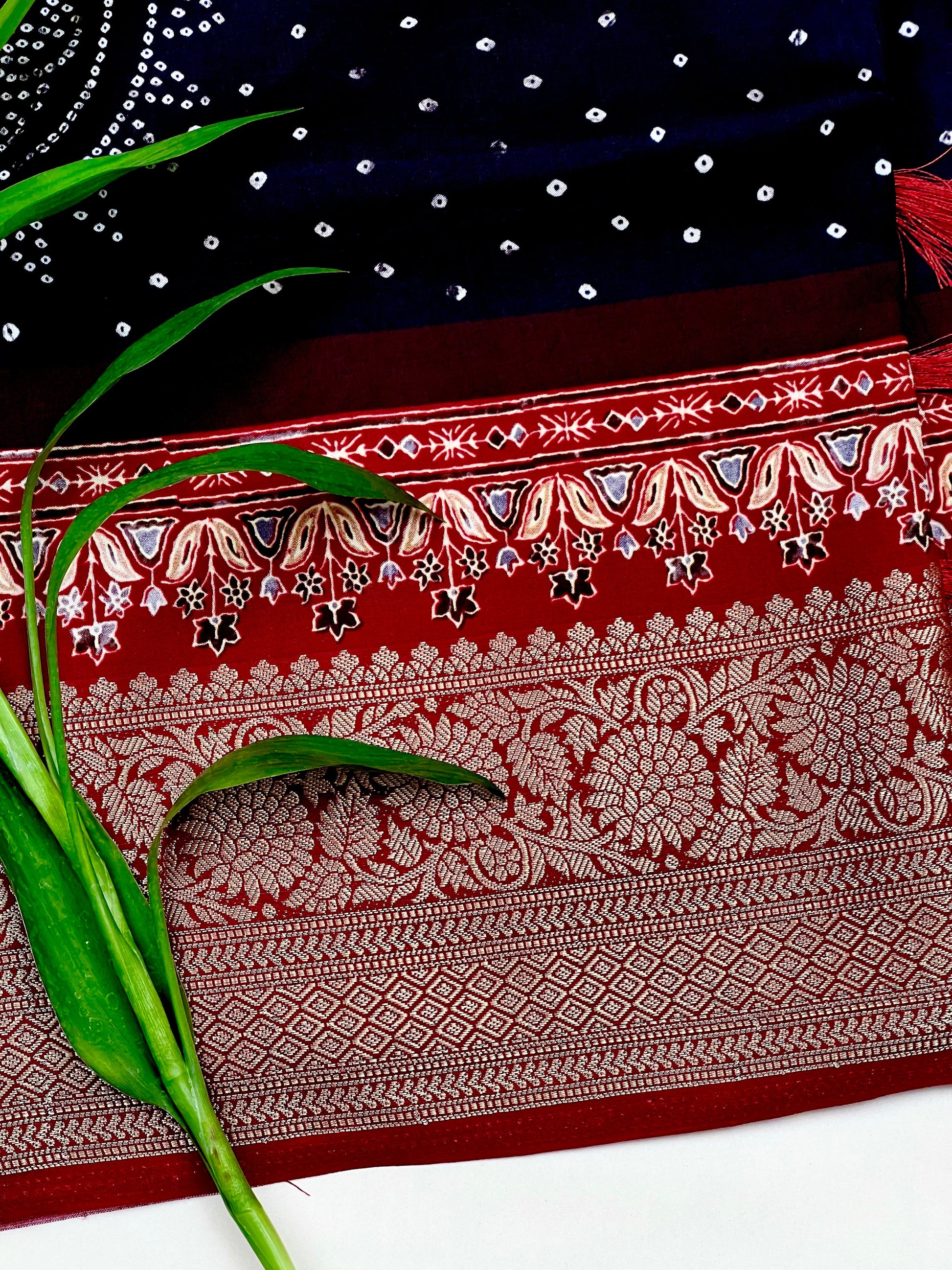 Bandhani Motif Buttery Soft Silk with Contrast Red Jacquard Border Saree Geetha Creation