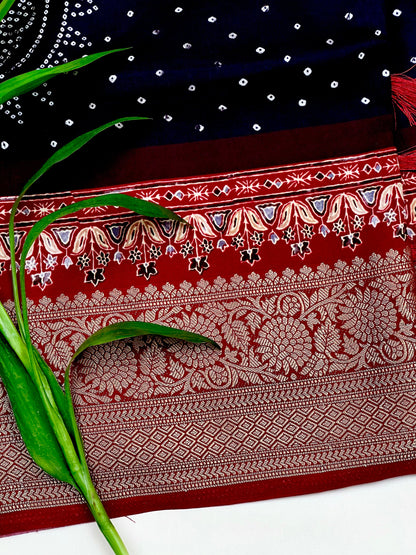 Bandhani Motif Buttery Soft Silk with Contrast Red Jacquard Border Saree Geetha Creation