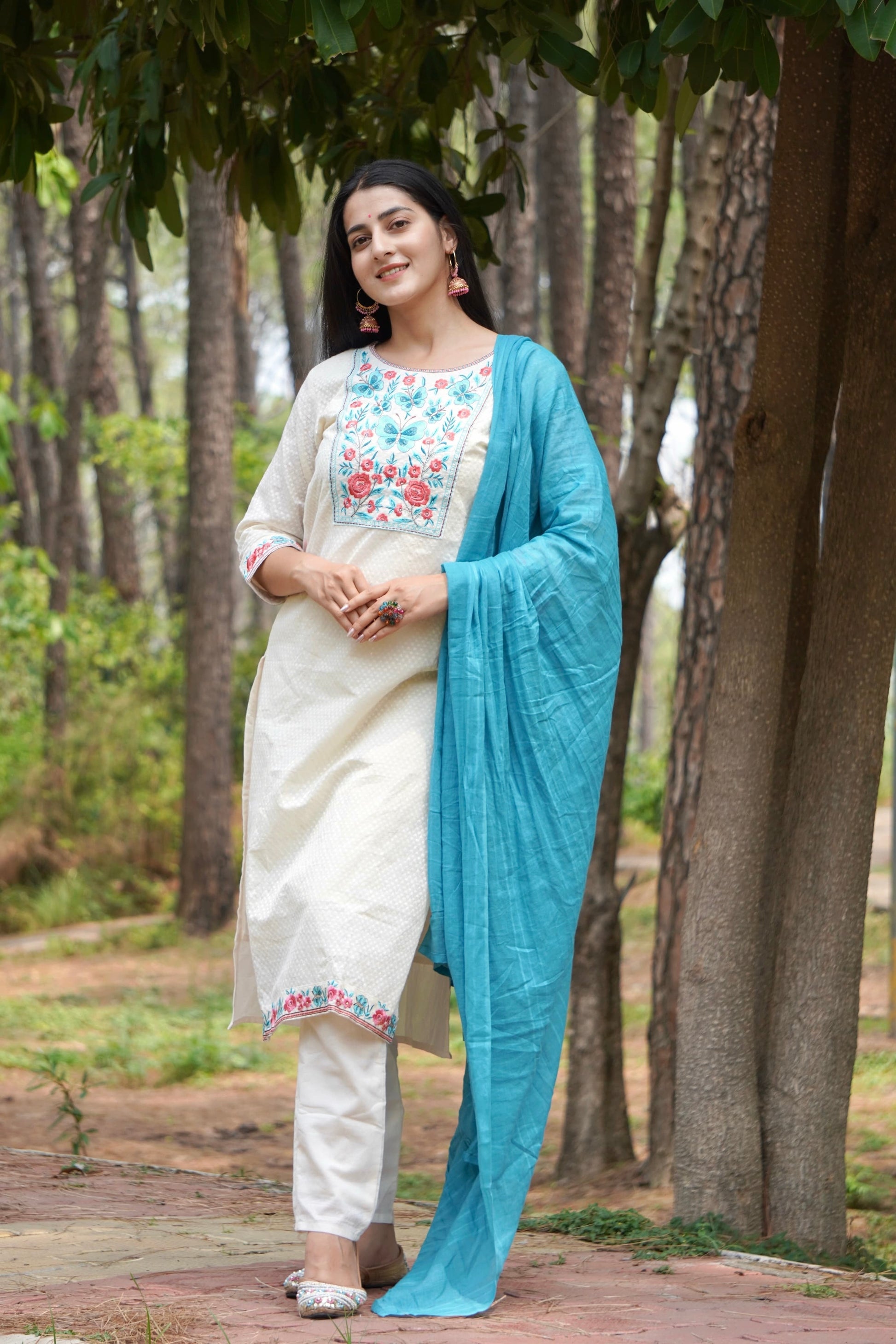 Dreamy Soft Teal and Cream Pure Cotton Kurti Set Geetha Creation