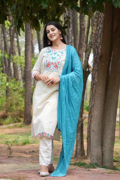Dreamy Soft Teal and Cream Pure Cotton Kurti Set Geetha Creation